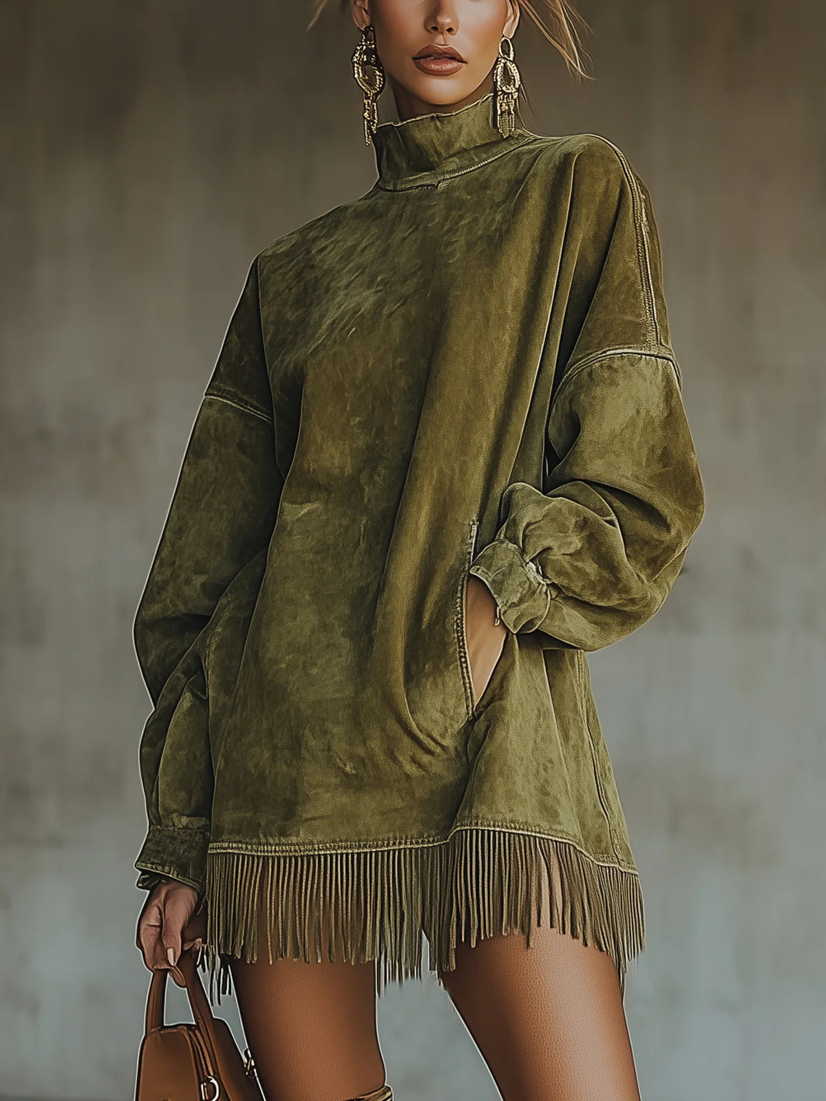 Soviqa® | dress with high collar and fringes