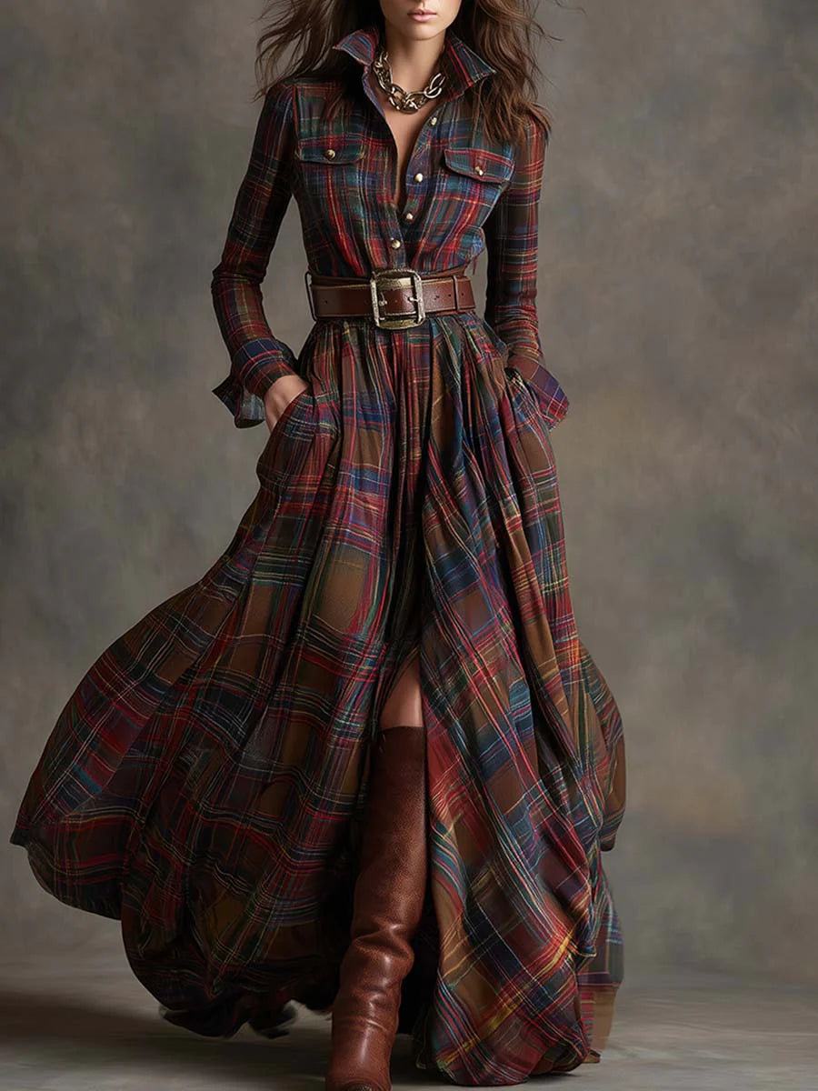 Soviqa® | Long Checked Dress with Belt