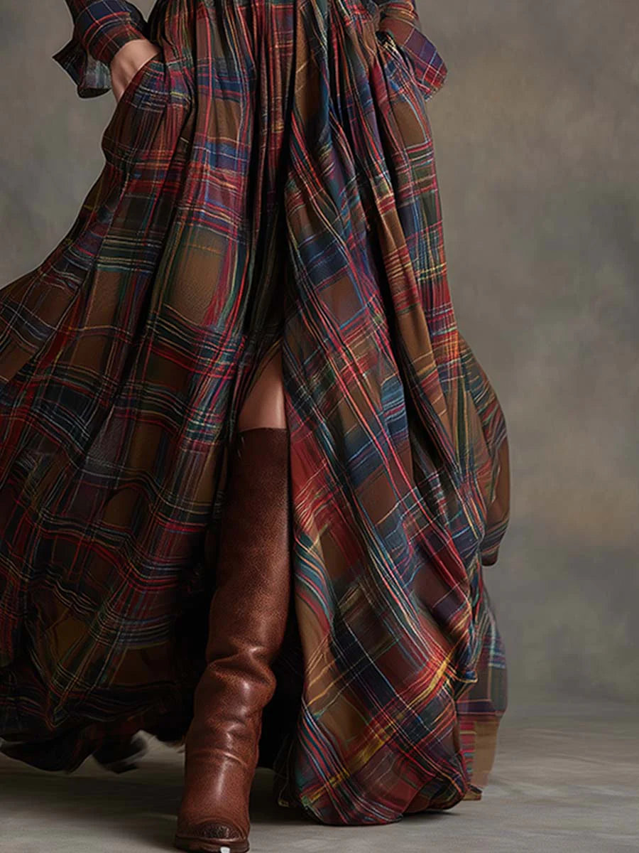 Soviqa® | Long Checked Dress with Belt
