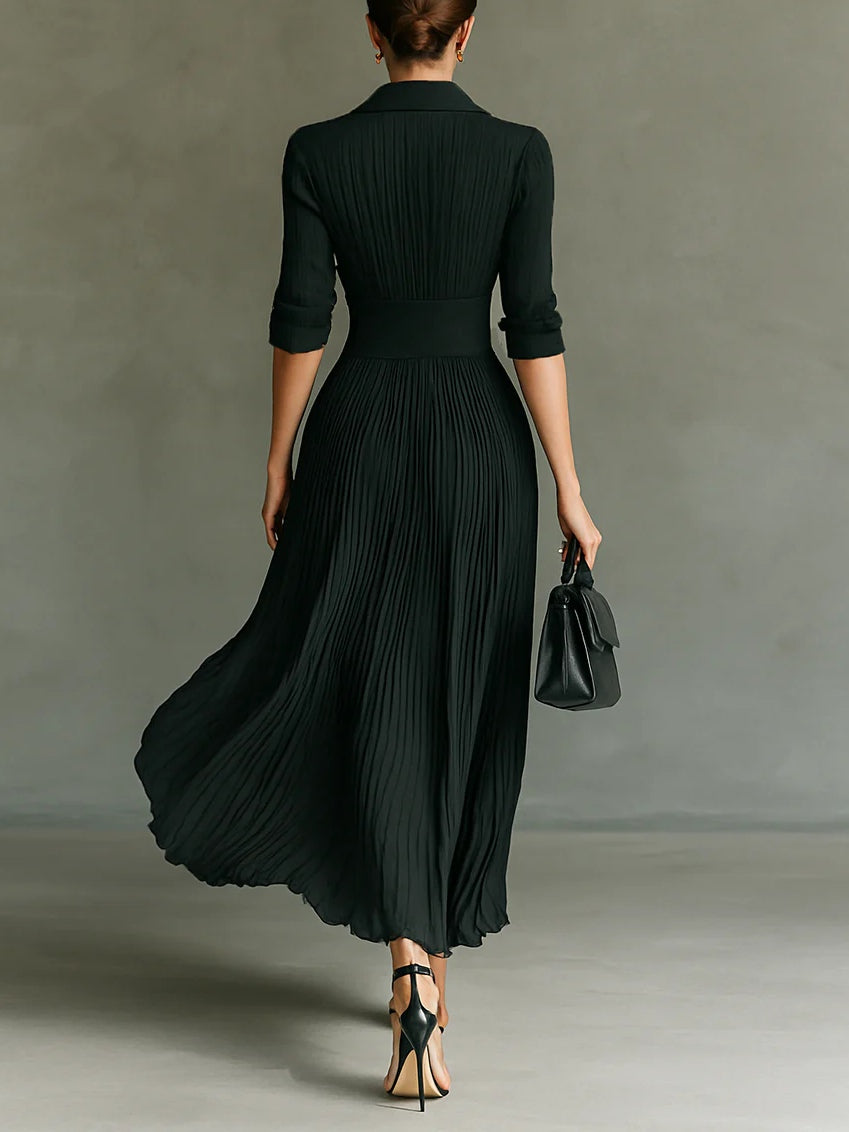 Soviqa® | Long Pleated Dress with Lapels and High Waist