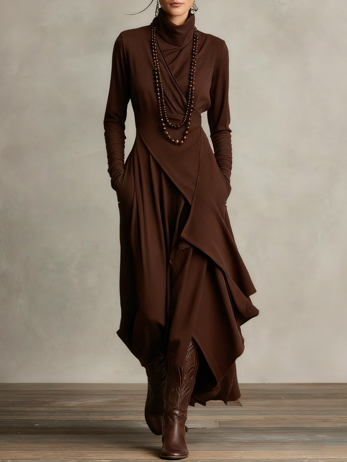 Soviqa® | Vintage Asymmetrical Turtle-neck Dress
