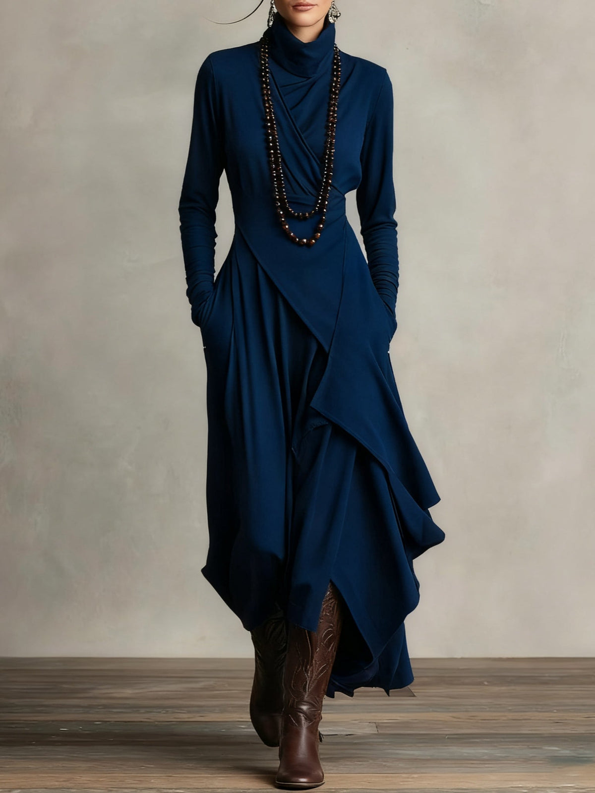 Soviqa® | Vintage Asymmetrical Turtle-neck Dress