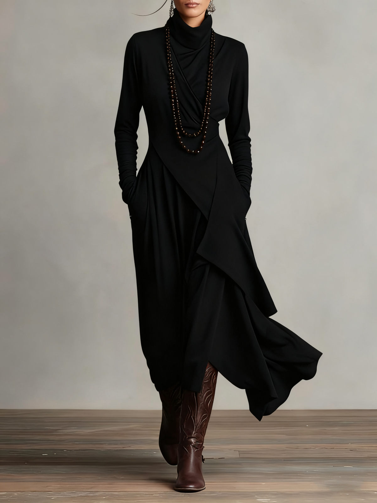 Soviqa® | Vintage Asymmetrical Turtle-neck Dress