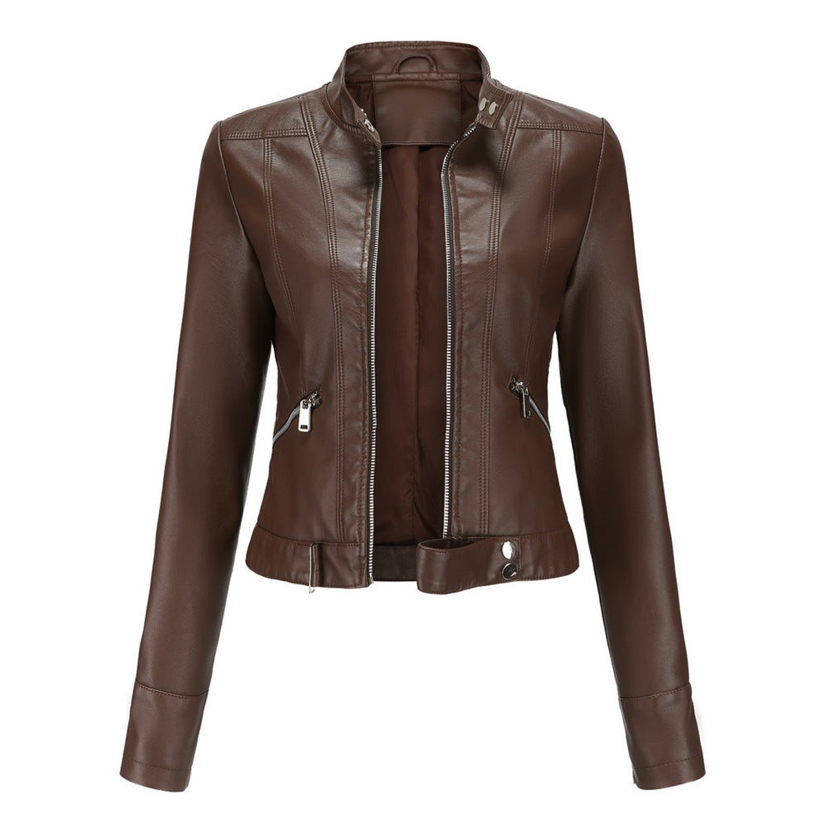 Soviqa® | Cropped Stand-Collar Moto Jacket