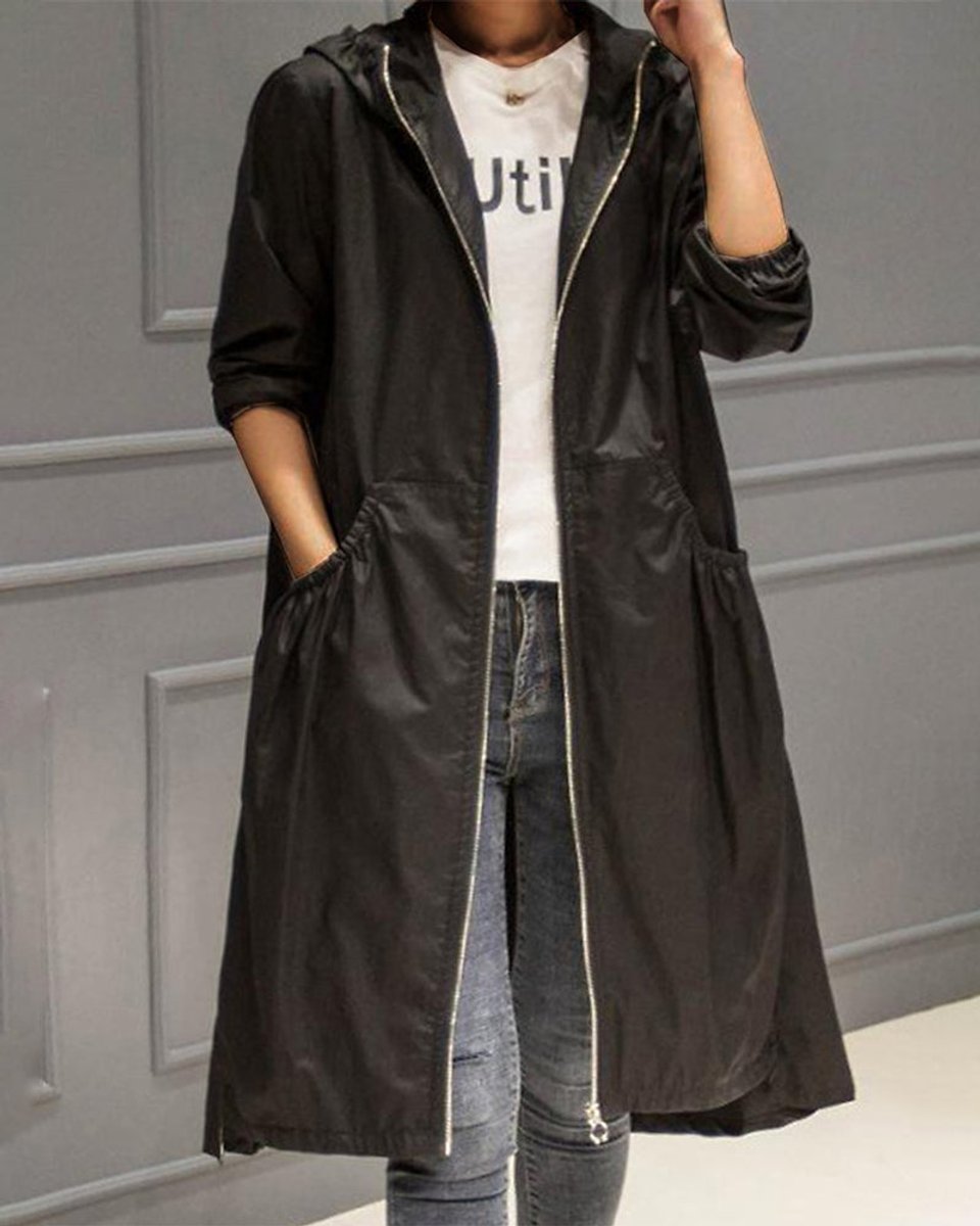 Soviqa® | Hooded Zip-Up Long Trench Coat