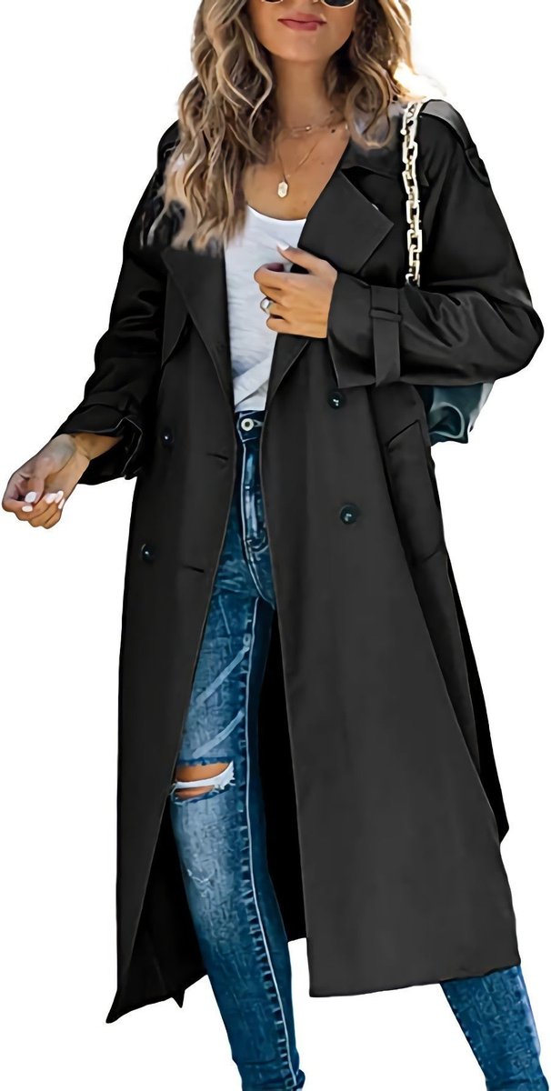 Soviqa® | Double-Breasted Belted Longline Trench Coat