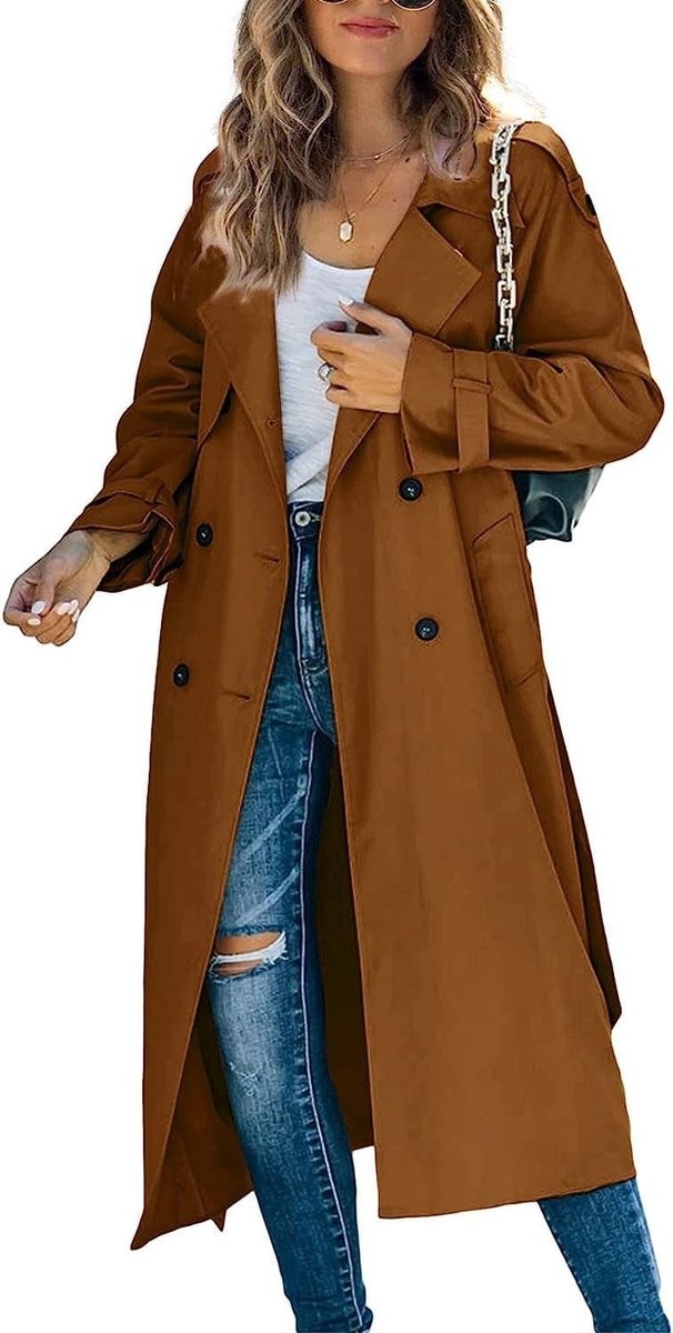 Soviqa® | Double-Breasted Belted Longline Trench Coat