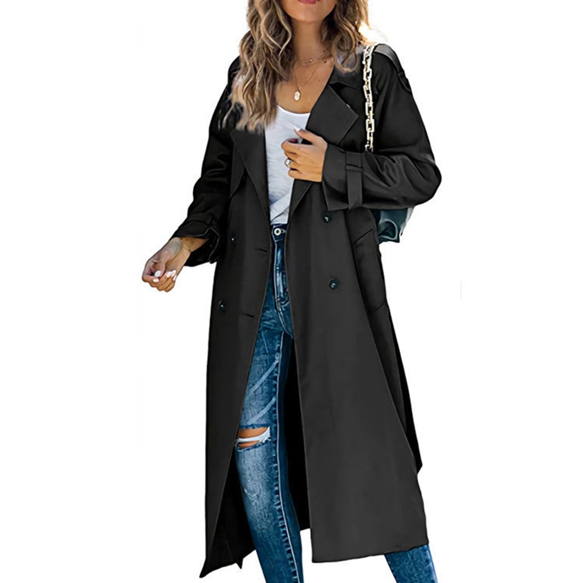 Soviqa® | Double-Breasted Belted Longline Trench Coat