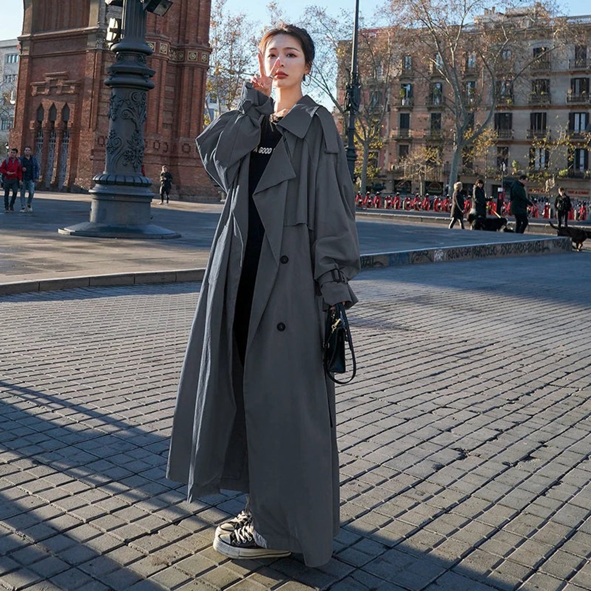 Soviqa® | Oversized Double-Breasted Long Trench Coat