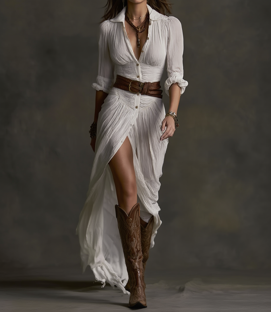 Soviqa® | Long Linen Dress with Reversed Collar