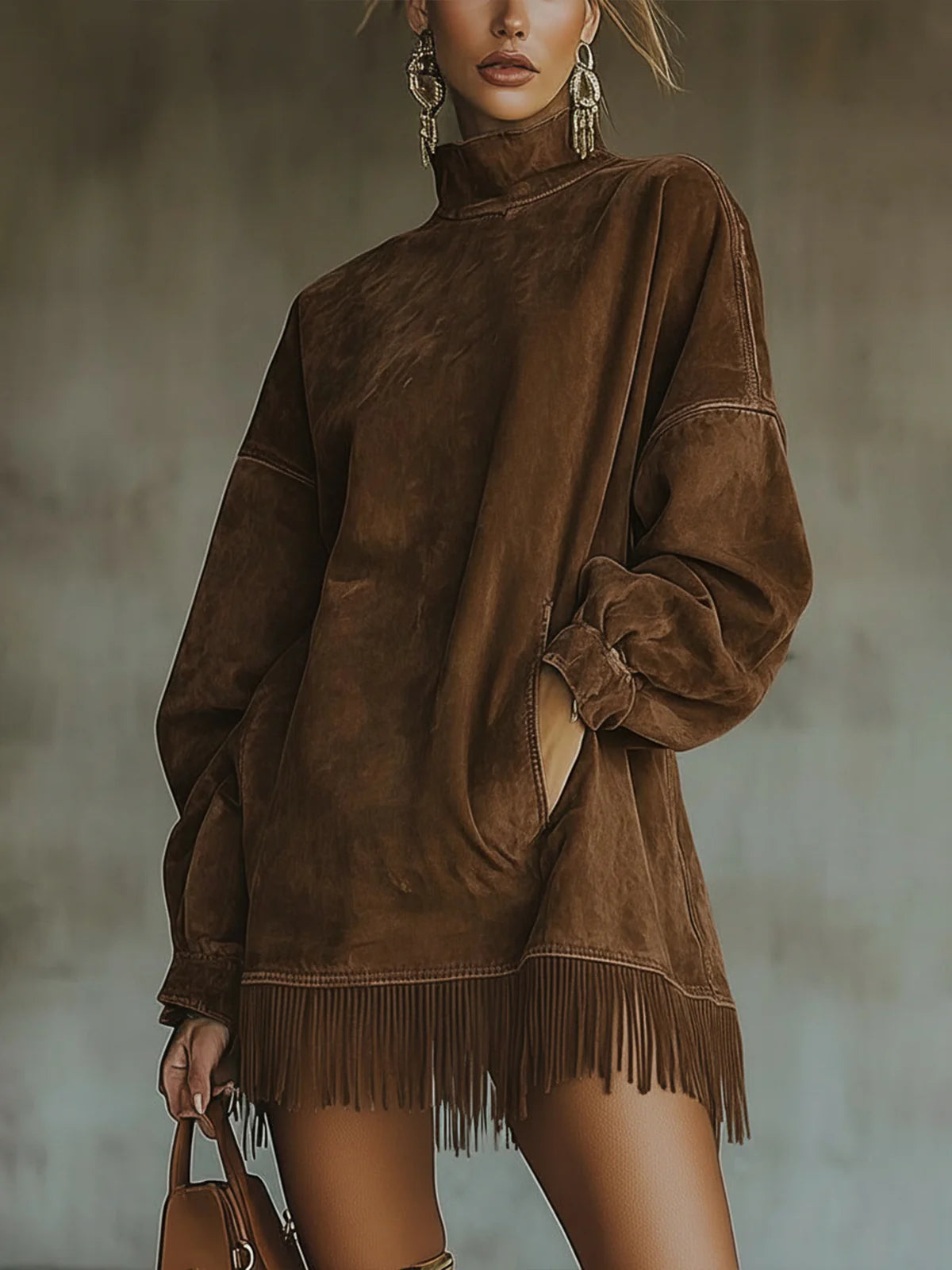Soviqa® | dress with high collar and fringes