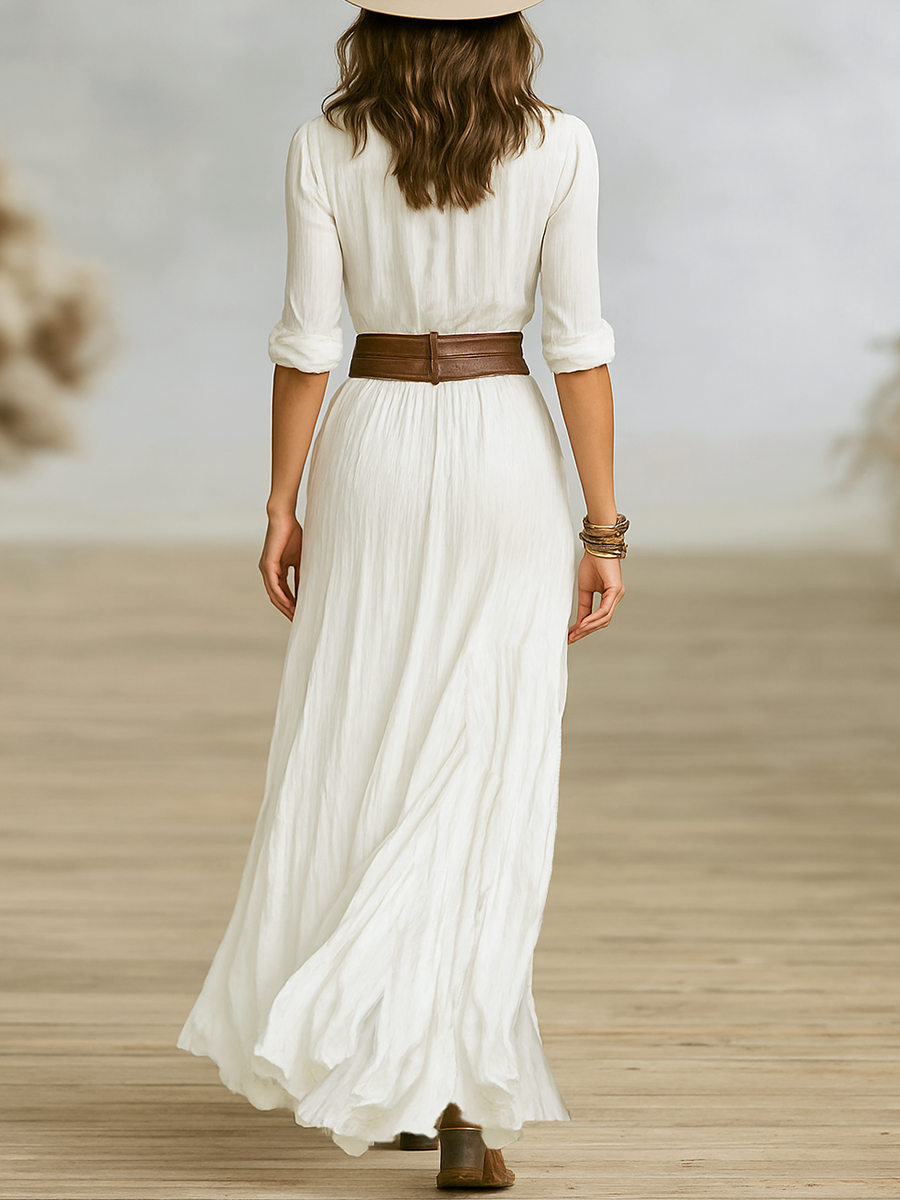 Soviqa® | Long Linen Dress with Reversed Collar