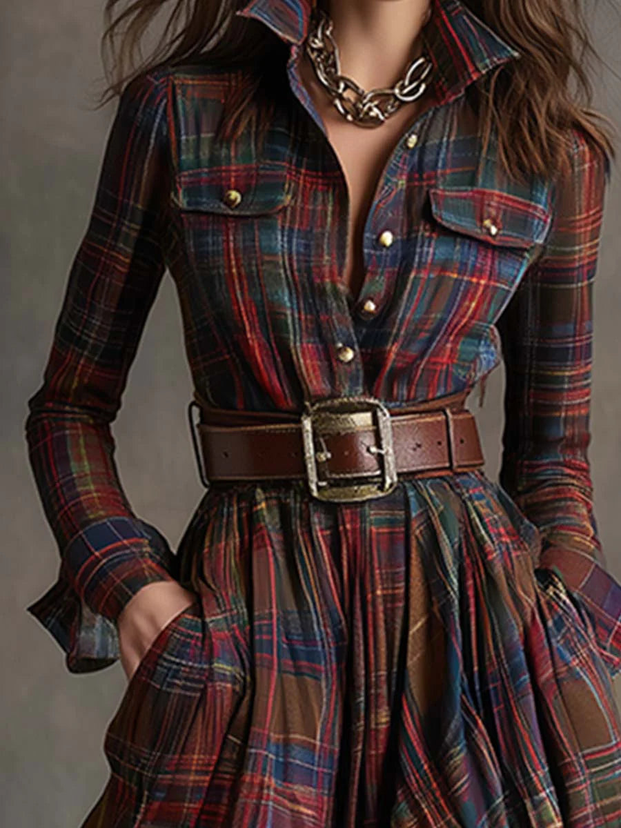 Soviqa® | Long Checked Dress with Belt