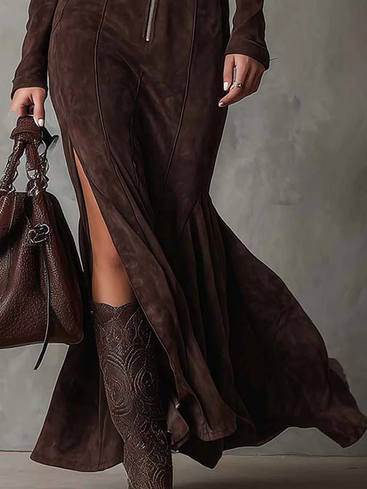 Soviqa® | Long Brown Dress with Belt