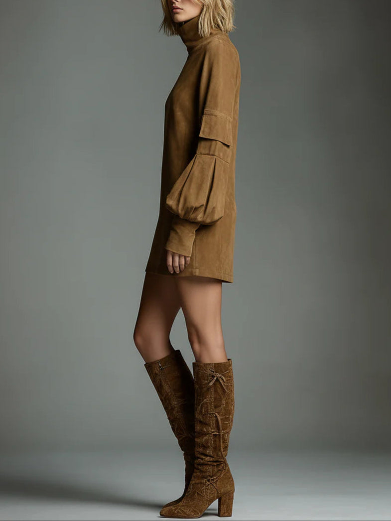 Soviqa® | Oversized Suede Mini Dress with High Neck