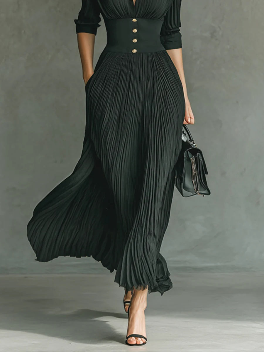 Soviqa® | Long Pleated Dress with Lapels and High Waist