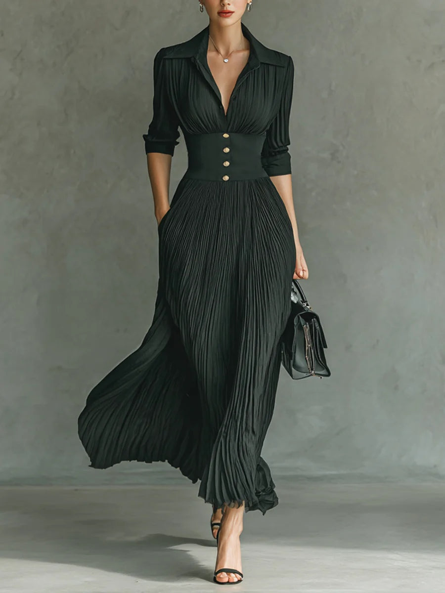Soviqa® | Long Pleated Dress with Lapels and High Waist