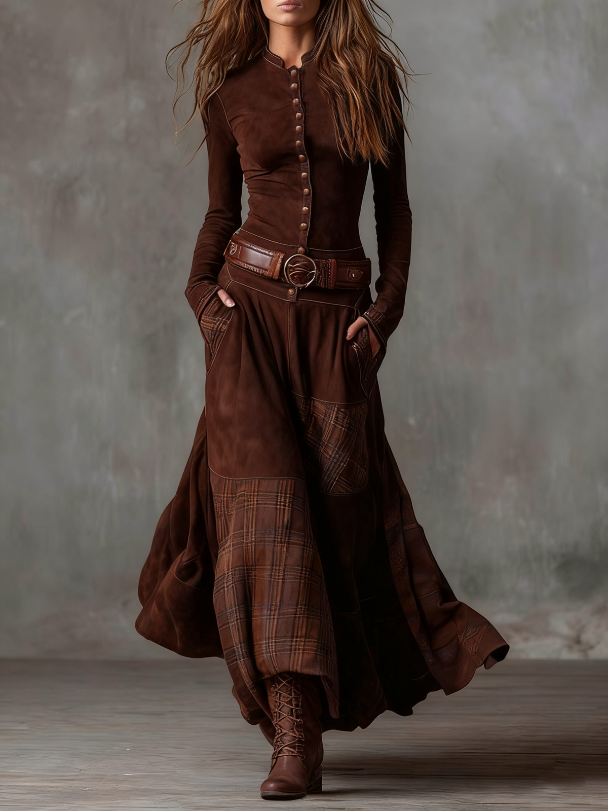 Soviqa® | Suede Maxi Dress with Belt