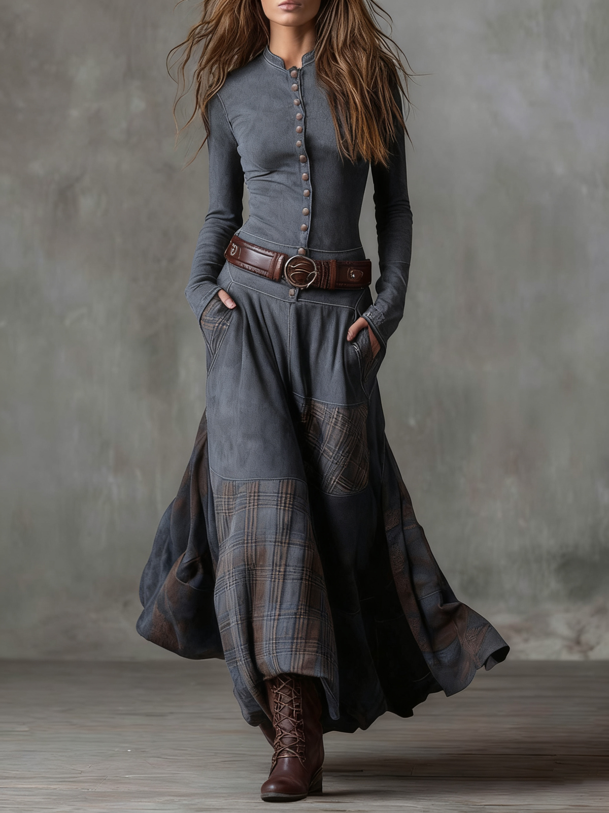 Soviqa® | Suede Maxi Dress with Belt