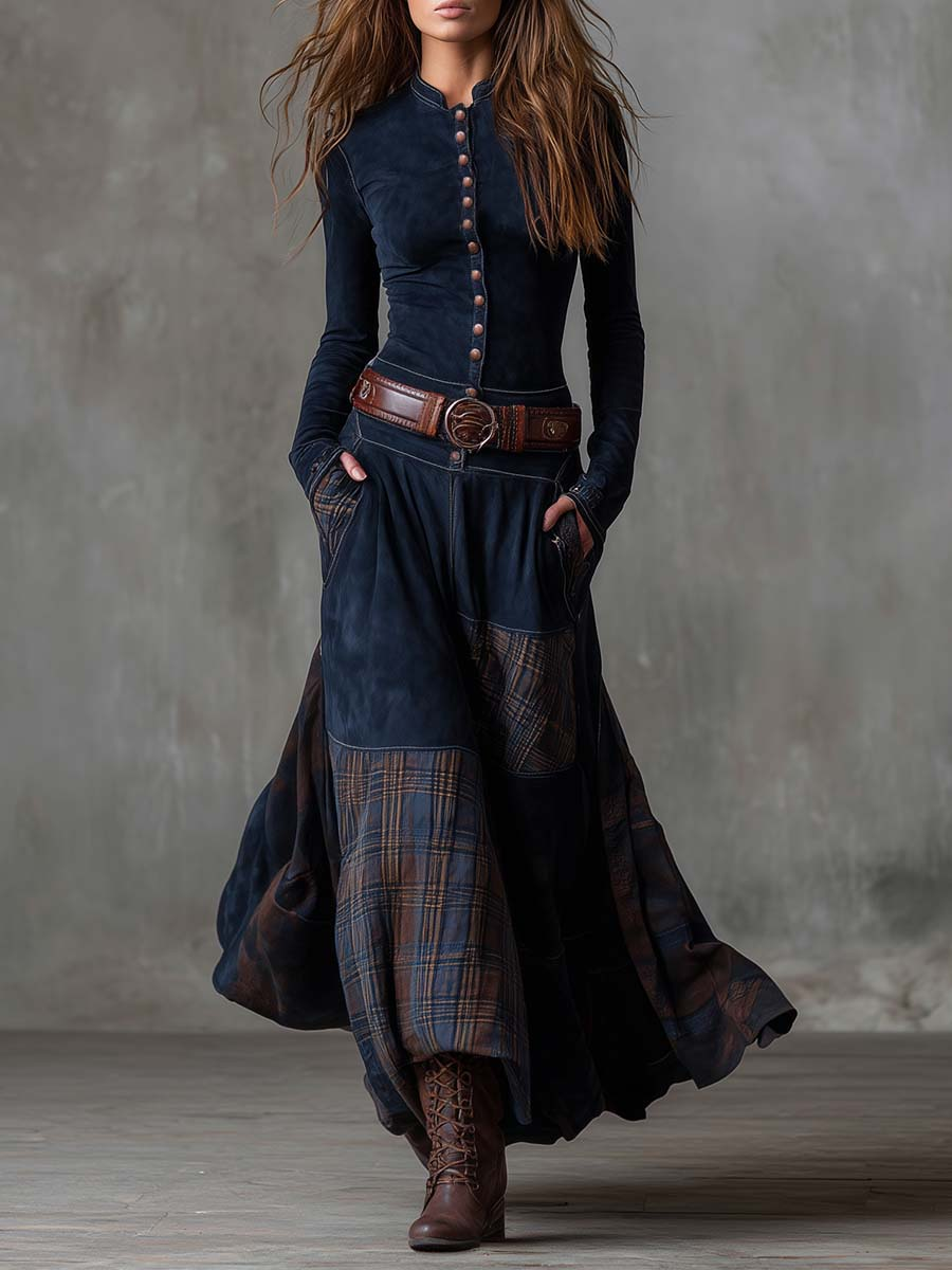 Soviqa® | Suede Maxi Dress with Belt