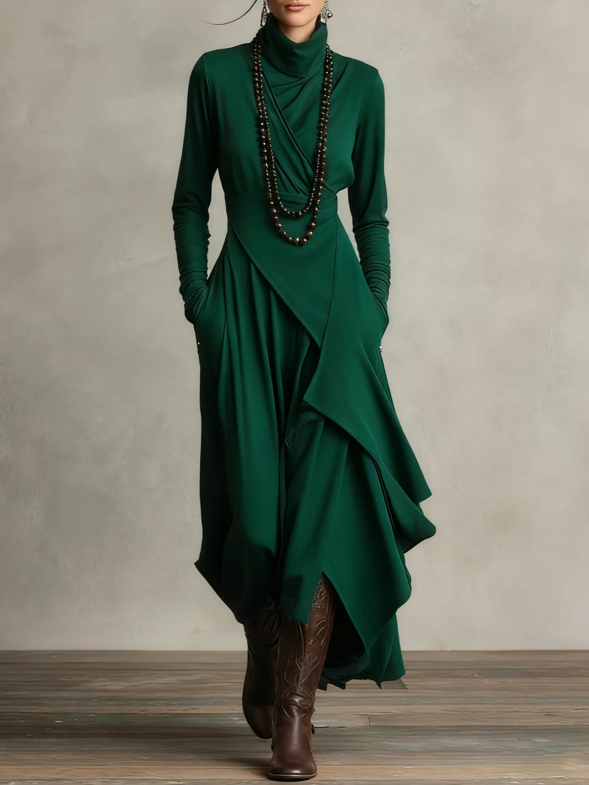 Soviqa® | Vintage Asymmetrical Turtle-neck Dress