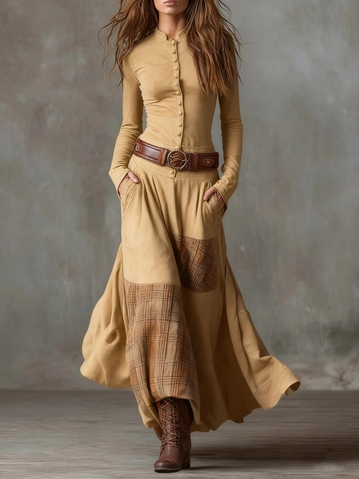 Soviqa® | Suede Maxi Dress with Belt