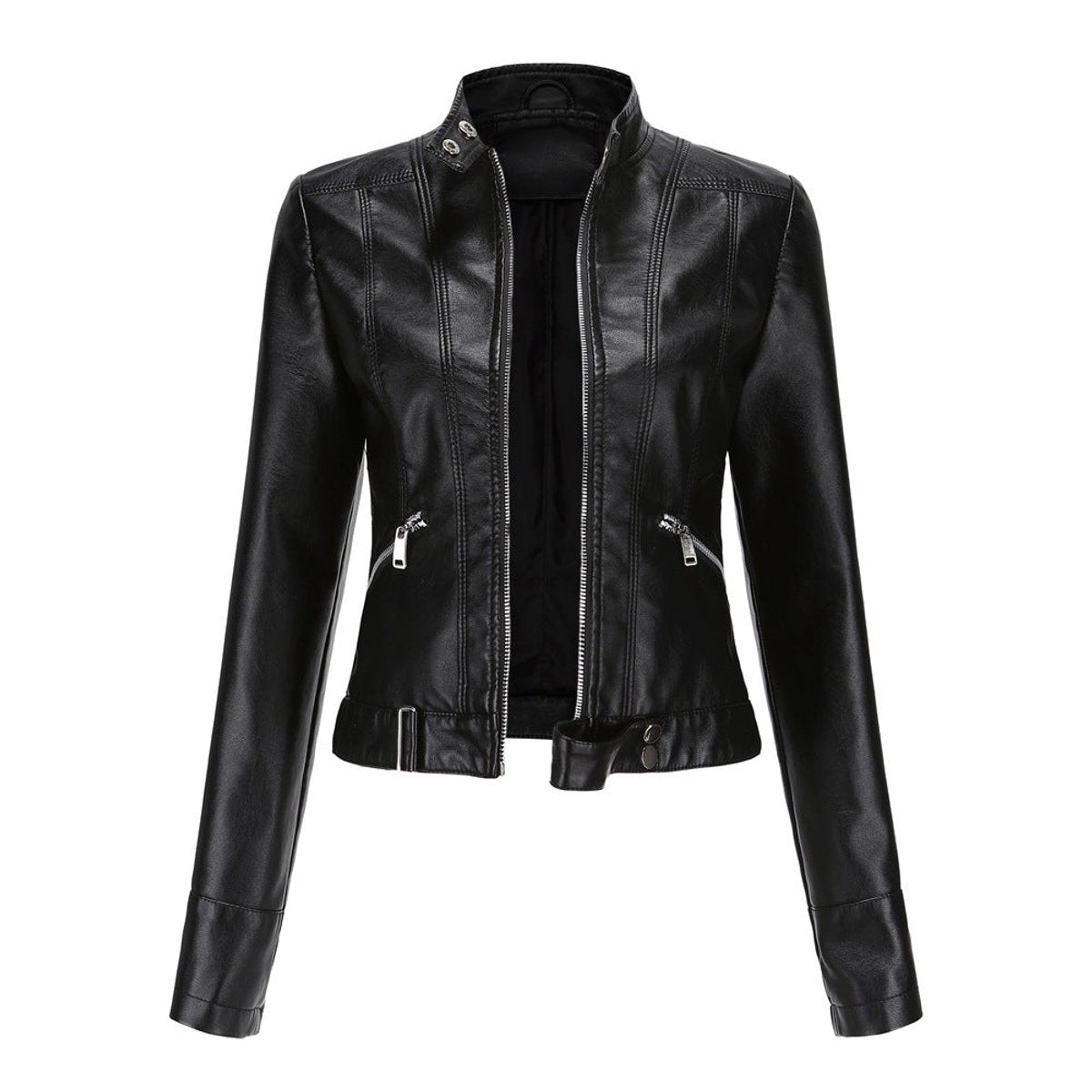 Soviqa® | Cropped Stand-Collar Moto Jacket