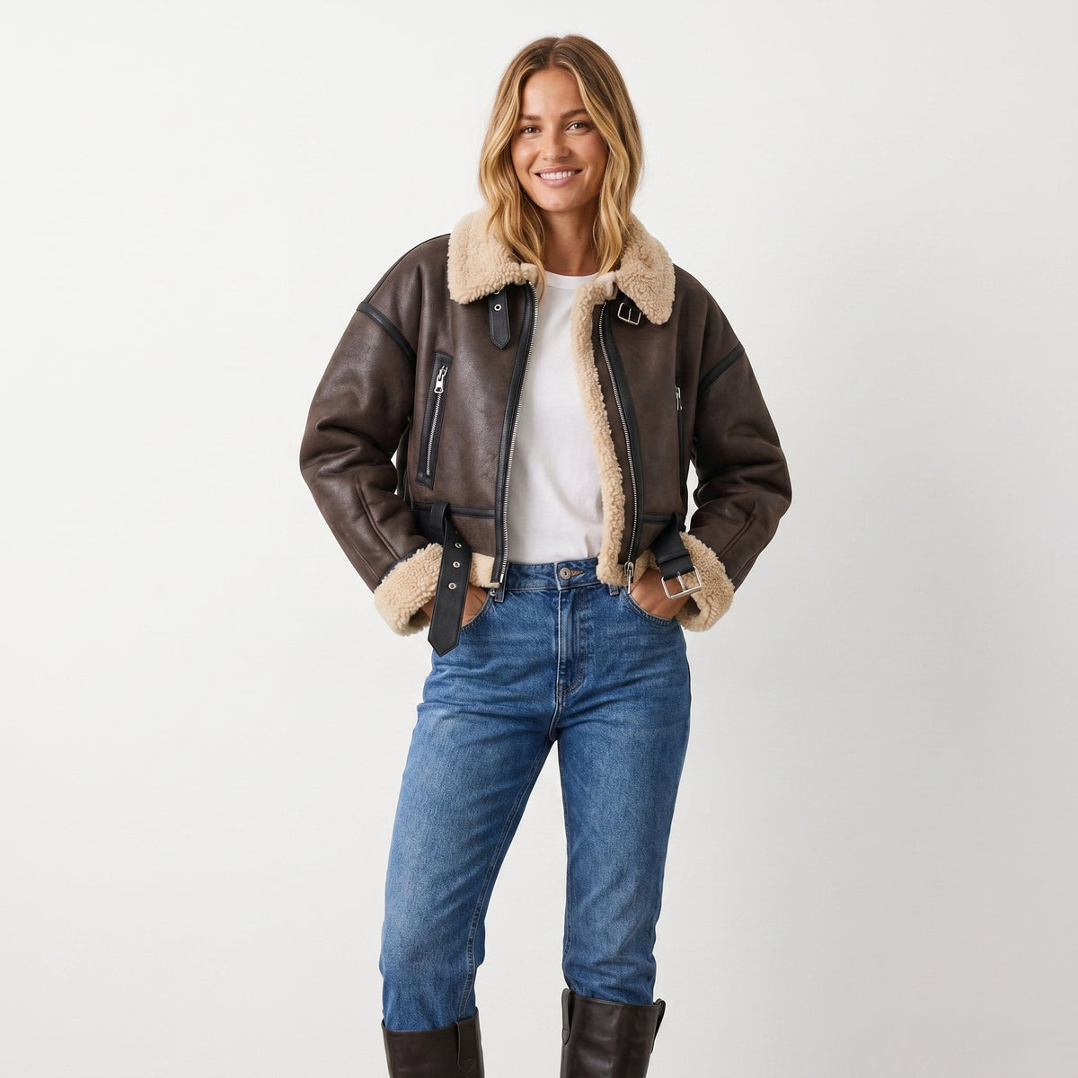Soviqa® | Cropped Aviator Bomber Jacket