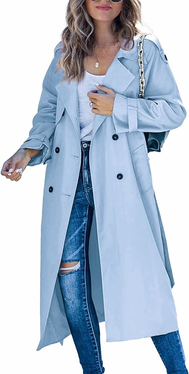 Soviqa® | Double-Breasted Belted Longline Trench Coat