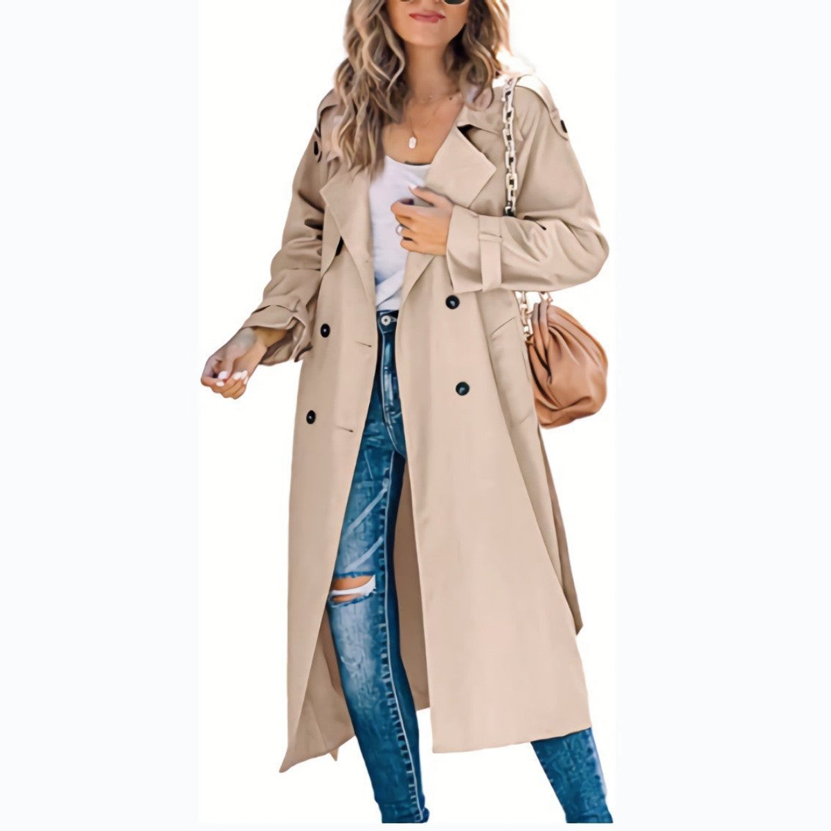 Soviqa® | Double-Breasted Belted Longline Trench Coat