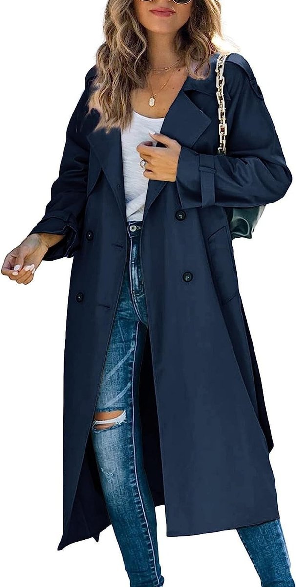 Soviqa® | Double-Breasted Belted Longline Trench Coat