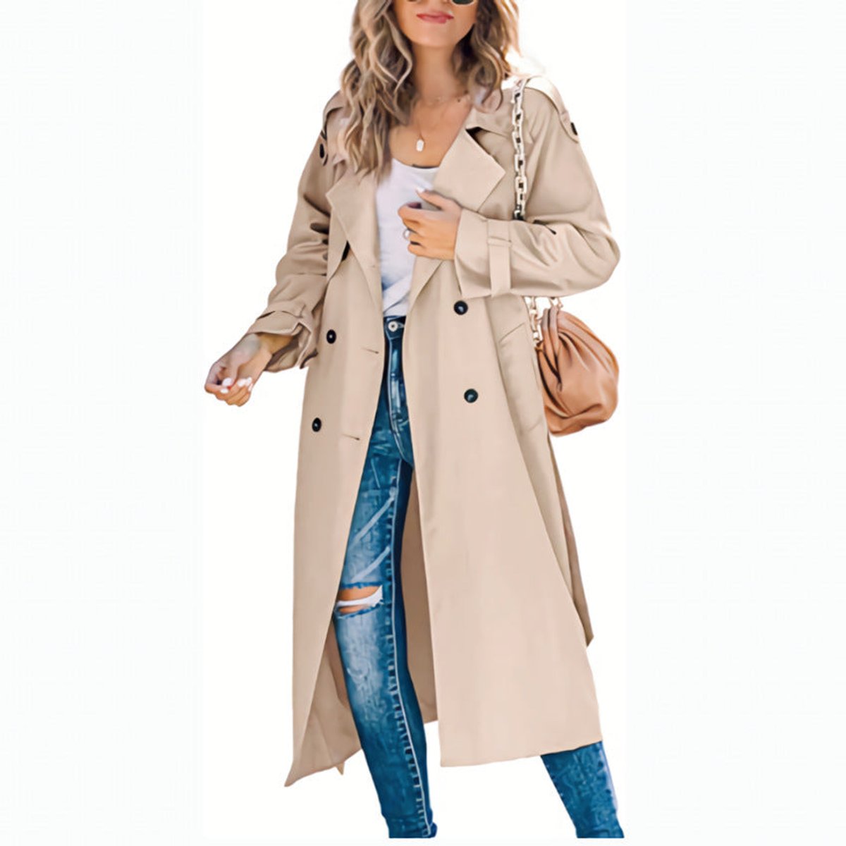 Soviqa® | Double-Breasted Belted Longline Trench Coat