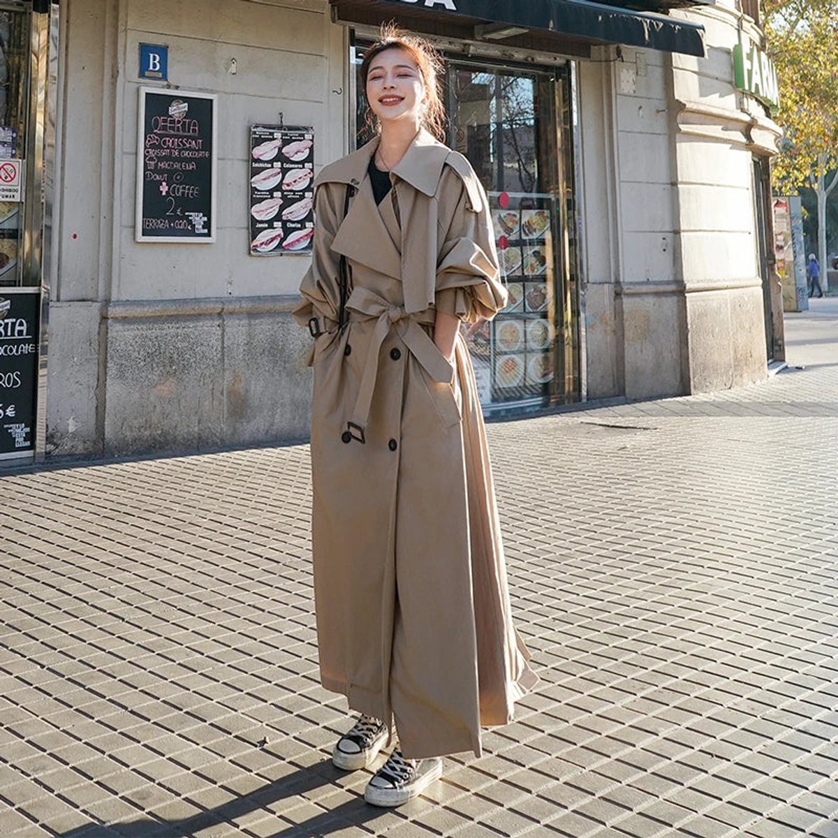 Soviqa® | Oversized Double-Breasted Long Trench Coat