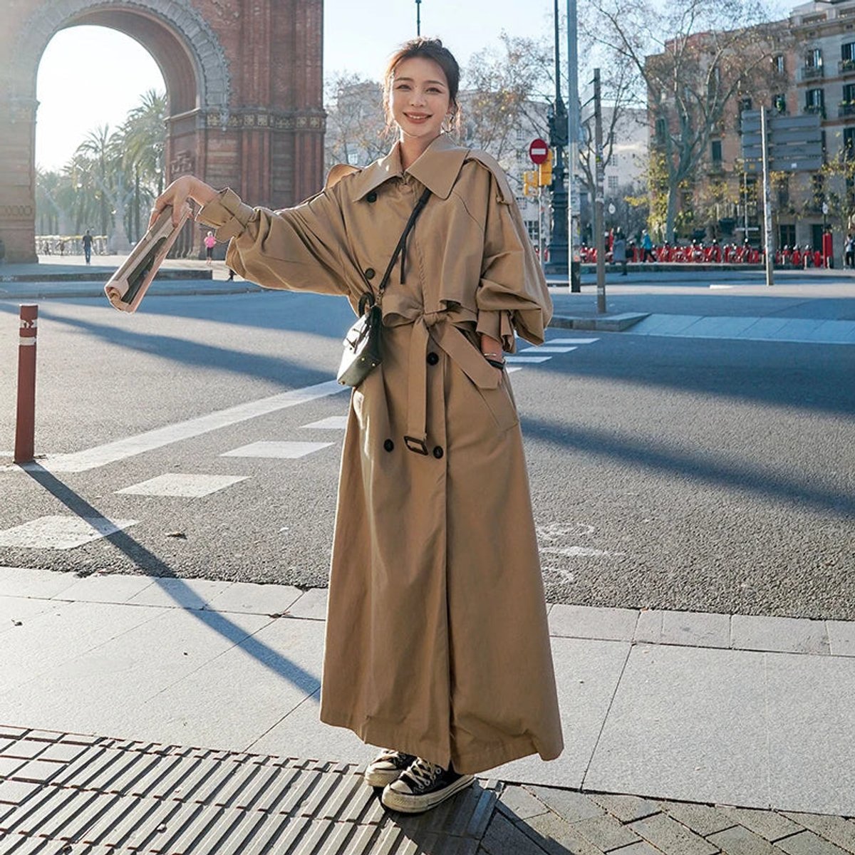 Soviqa® | Oversized Double-Breasted Long Trench Coat