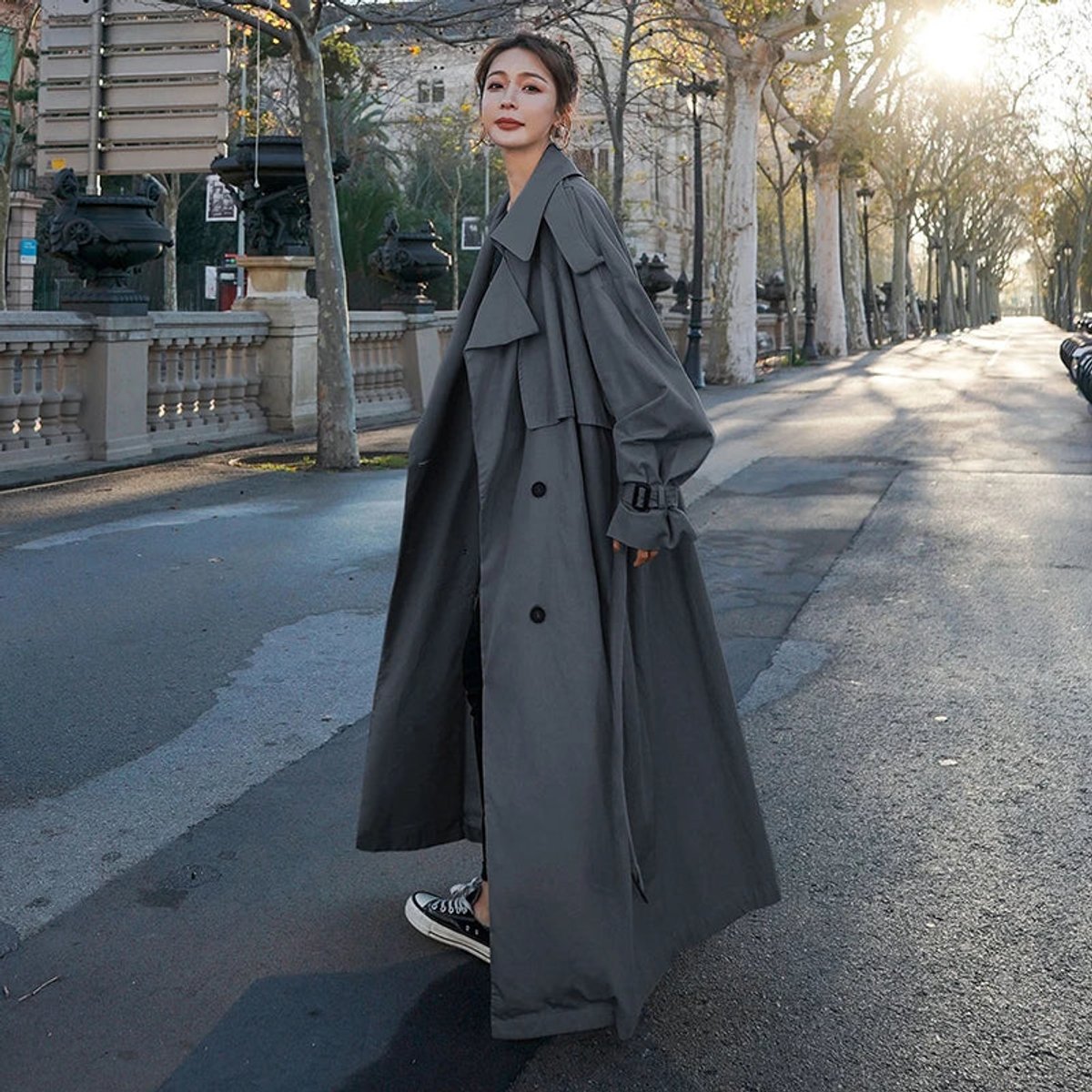 Soviqa® | Oversized Double-Breasted Long Trench Coat