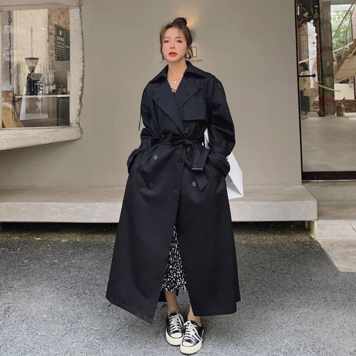 Soviqa® | Oversized Double-Breasted Long Trench Coat